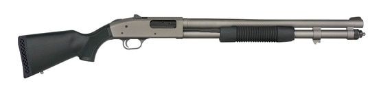 Pump action 12 gauge shotgun with Tungsten Cerakote finish.